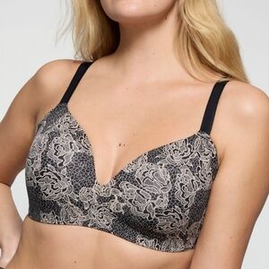 Knix Wing Woman Contour T-Shirt Bra Wireless Wire Free Black Floral Size 40DD